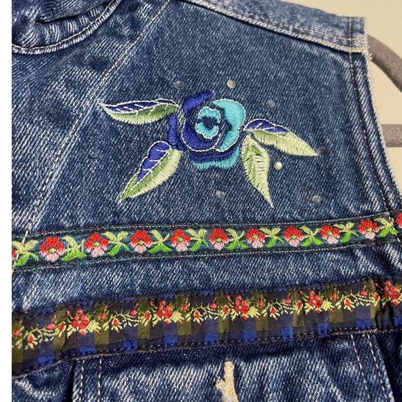 Bill Bass Medium Vest Vintage 90s Denim Embroidered Floral Rhinestone Y2K Rose - Picture 3 of 9